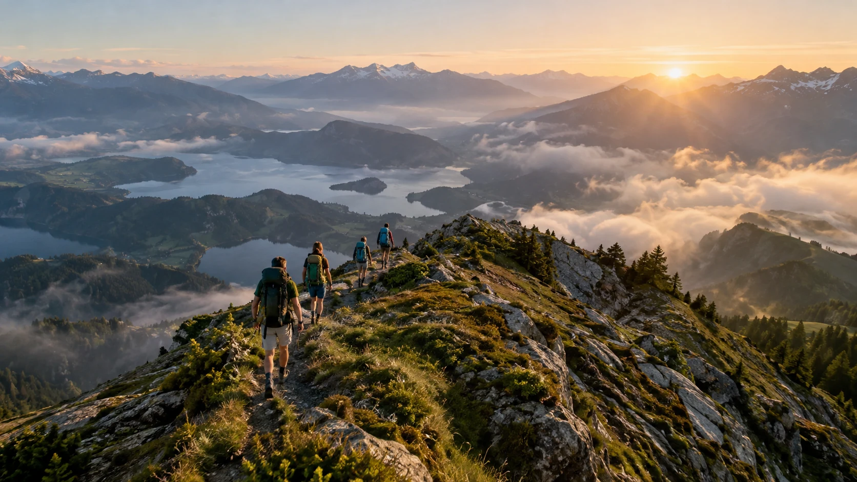 Vista aérea de uma trilha de montanha com caminhantes