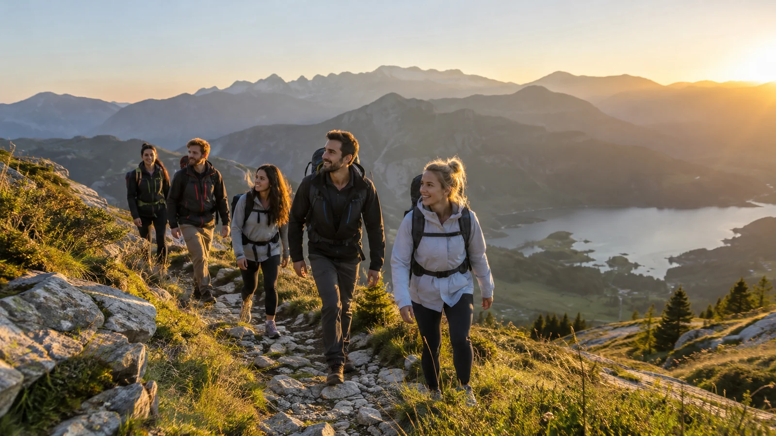 Grupo de jovens com mochilas em uma trilha de montanha