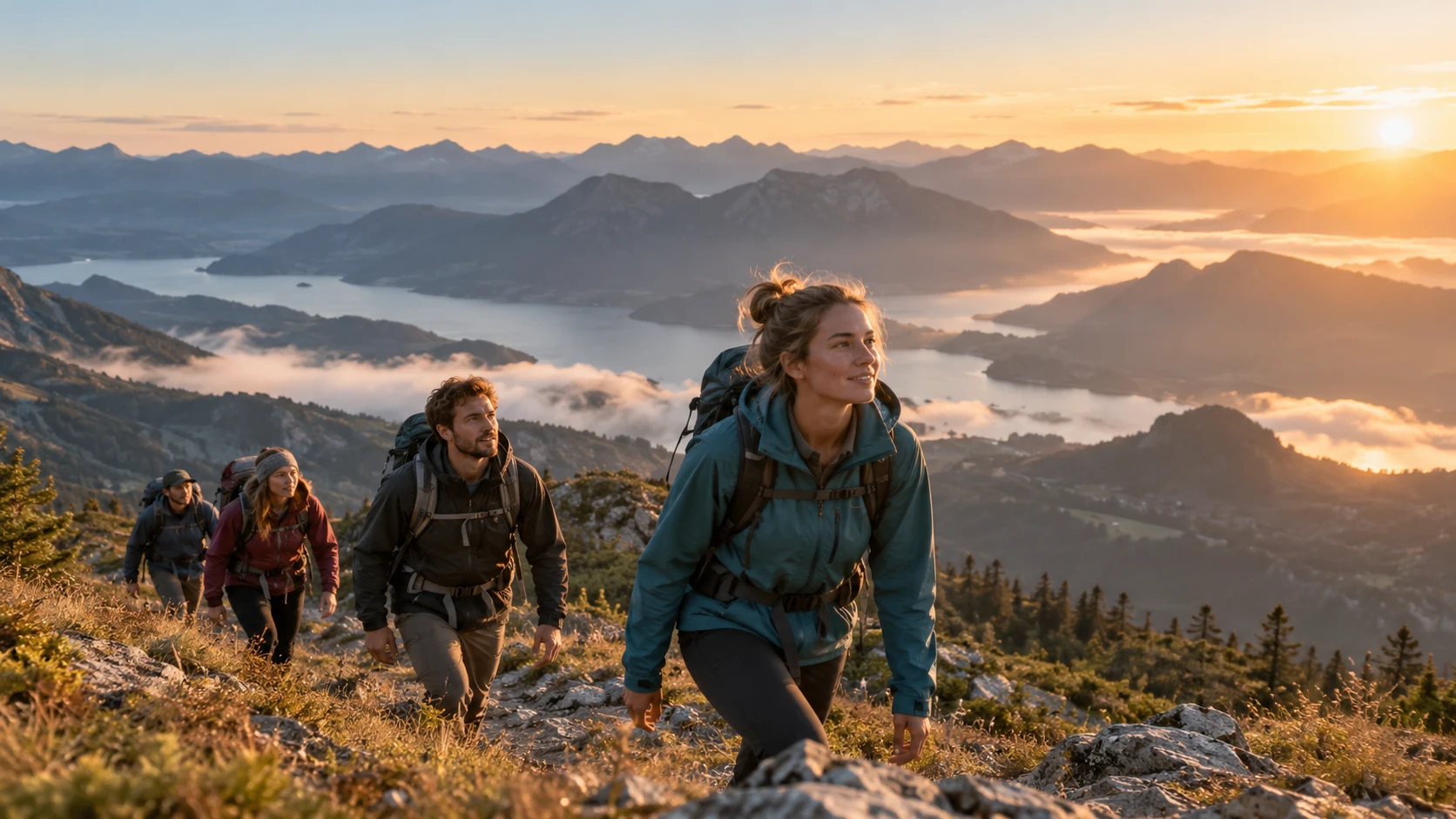Jovens caminhando por uma trilha de montanha ao amanhecer
